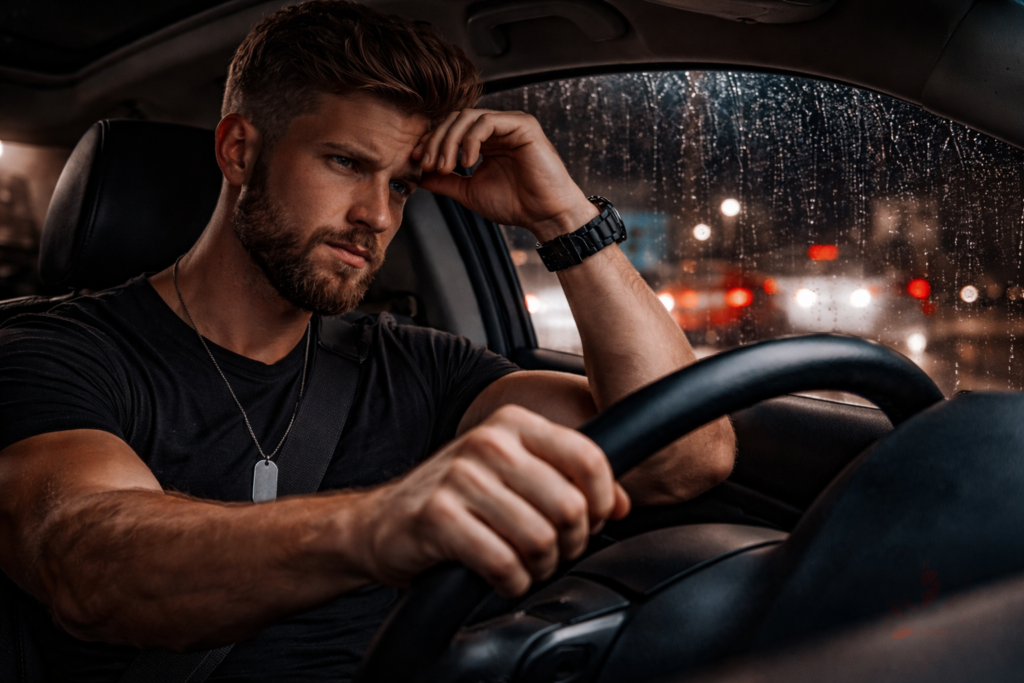 Risky man driving home in the rain